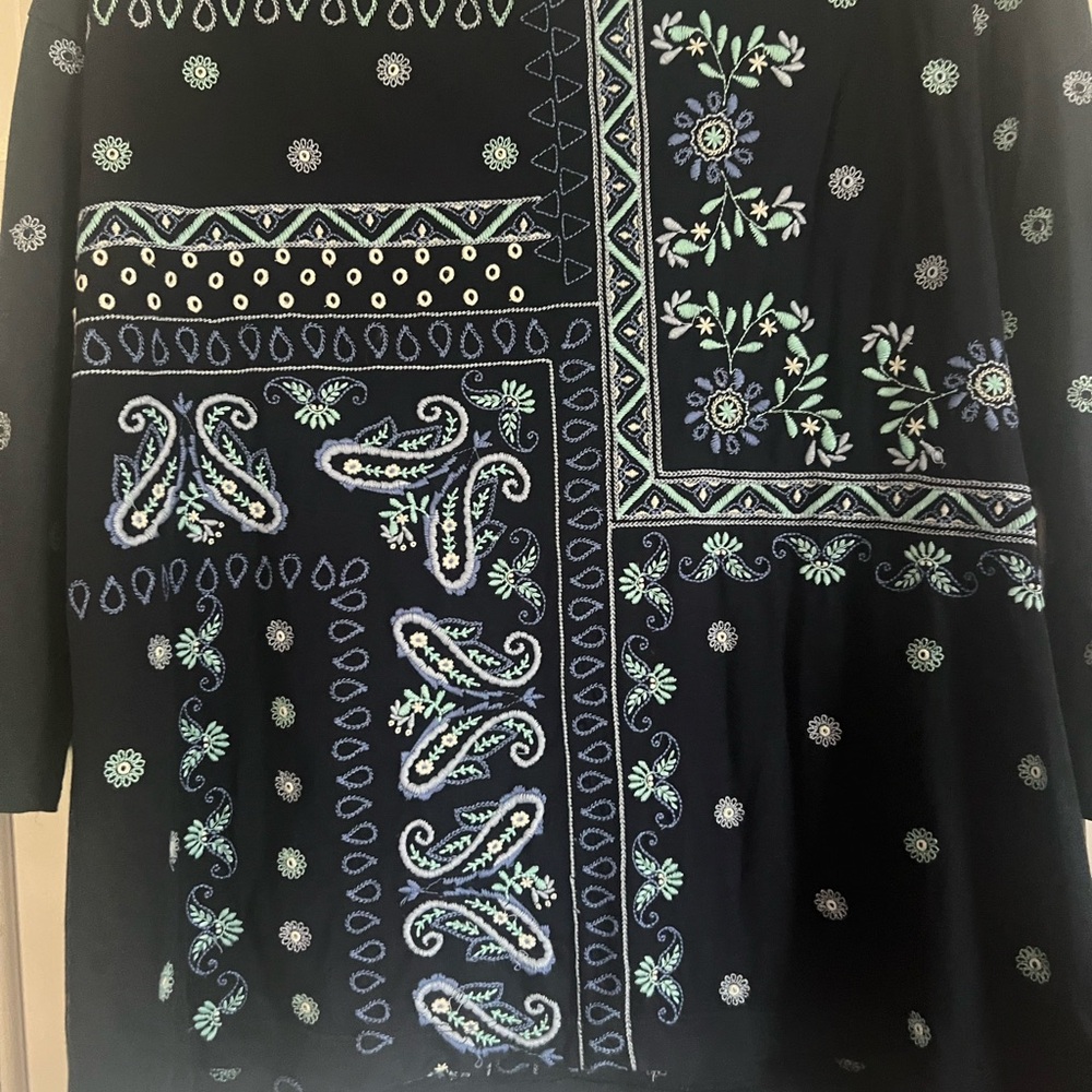 NavyEmbroidered Boho Tunic Top - Blue & Mint Floral Paisley